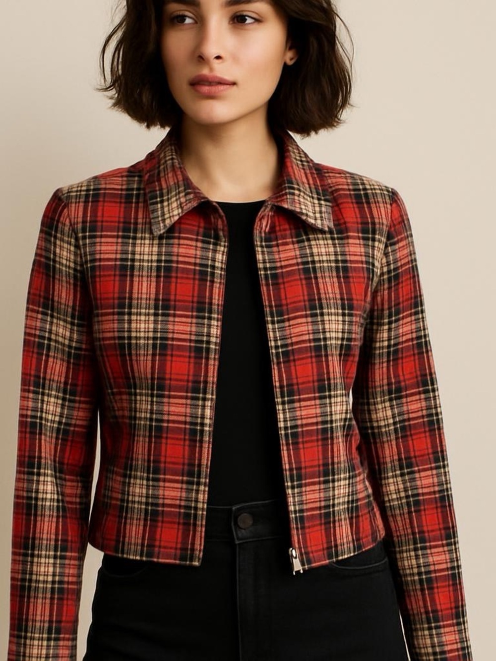 N‎ Touch Red Plaid 100% Wool Zip Up Jacket Made in USA Size 10